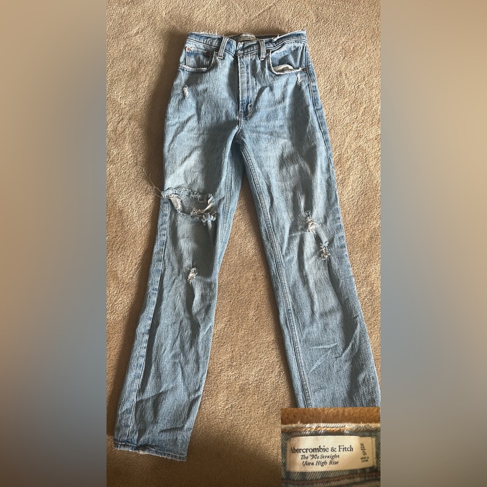 Abercrombie & Fitch Light Blue Distressed Straight Leg Jeans